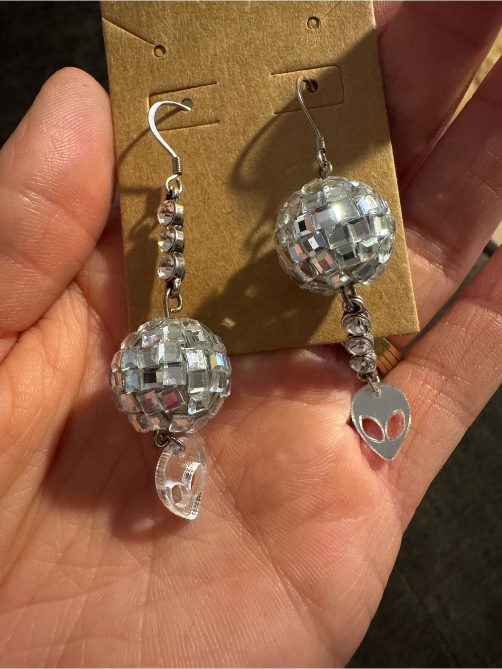 Silver Disco Ball Drop Earrings with Alien Charm - Women Jewelry